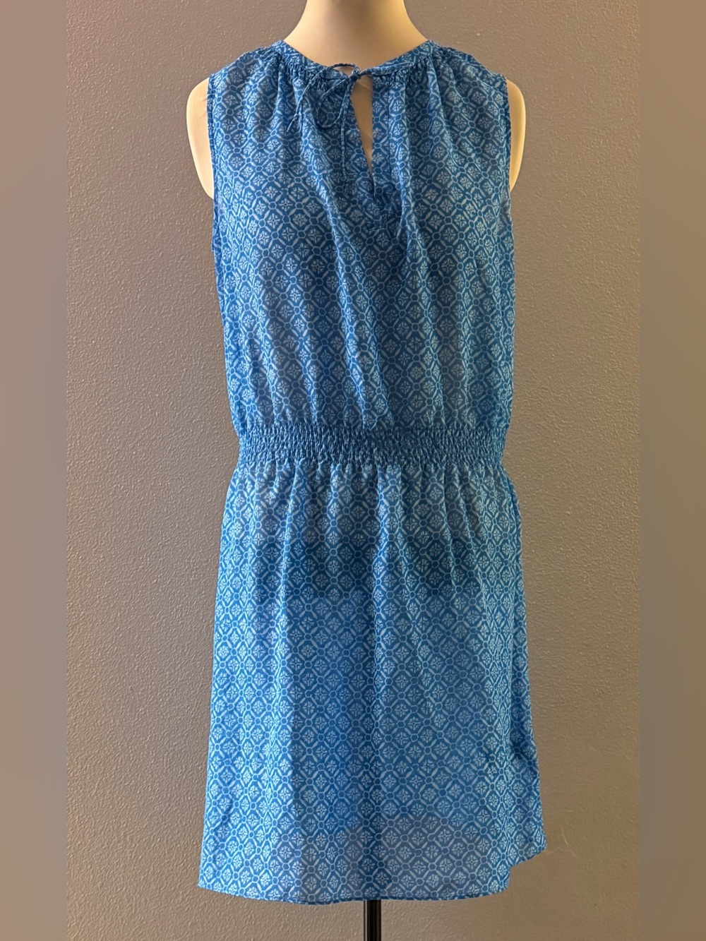 Lauren Ralph Lauren Sleeveless Blue Patterned Smocked Waist Dress Sheer Size 12